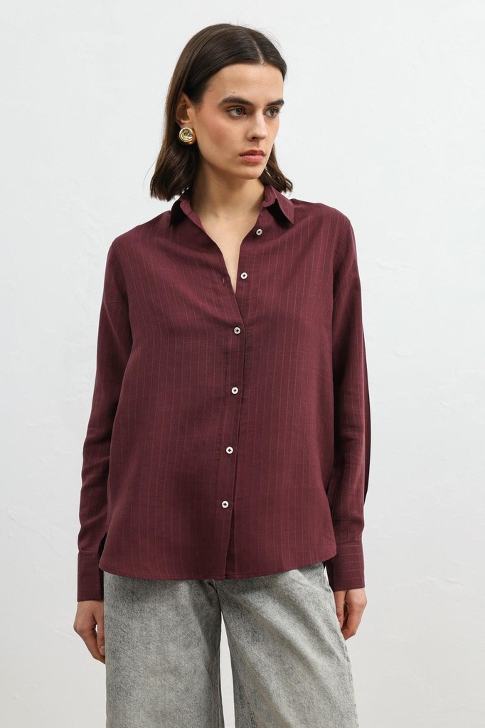 [BA26Y137-Bordo-M] Antioch 100% Lyocell Striped Women's Shirt (M)