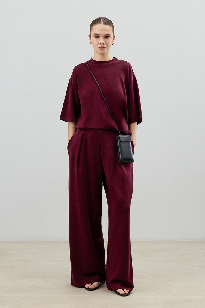 [BA26YTKM057-Bordo-M] Antioch Modal-Blend T-Shirt Trousers Women's Set (M)