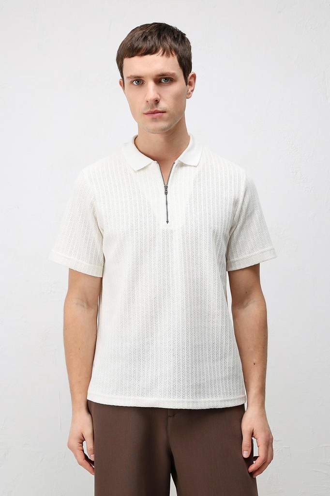 [A26Y9441-Beyaz-M] Antioch fakturali to'qima polo yoqa erkaklar futbolka (M)