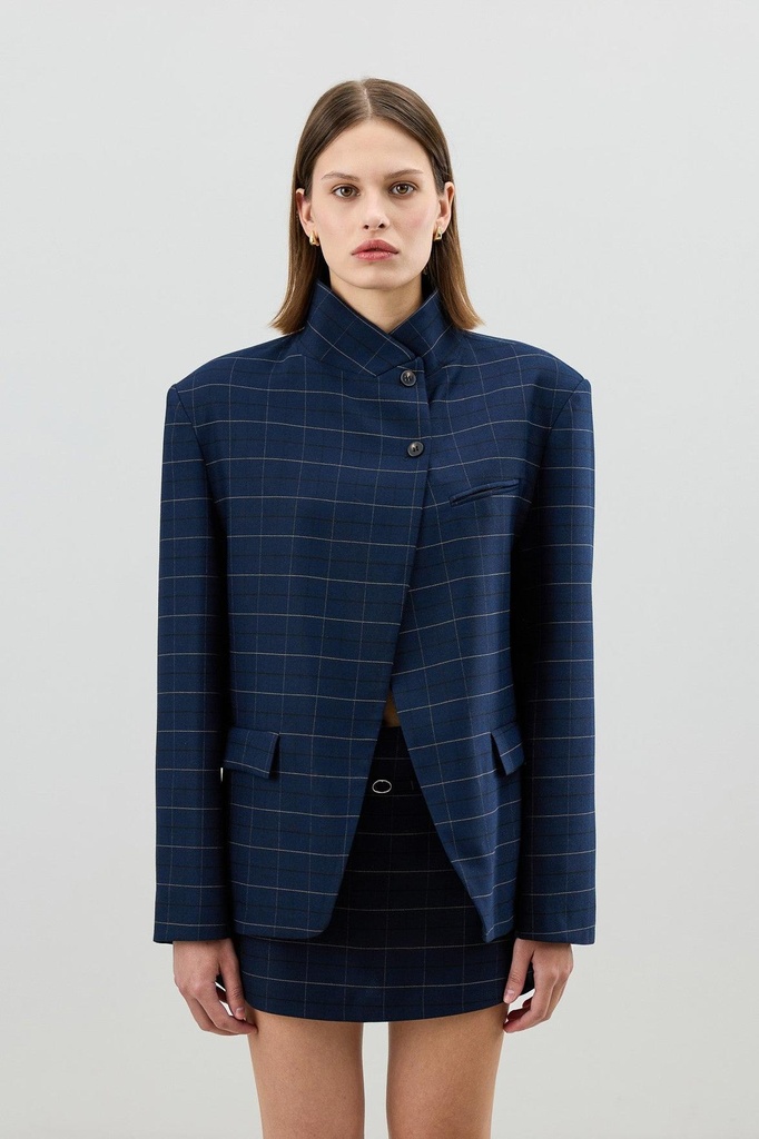 [BA26Y444-Lacivert-M] Antioch Checkered Stand-Up Collar Women's Blazer Jacket (M)