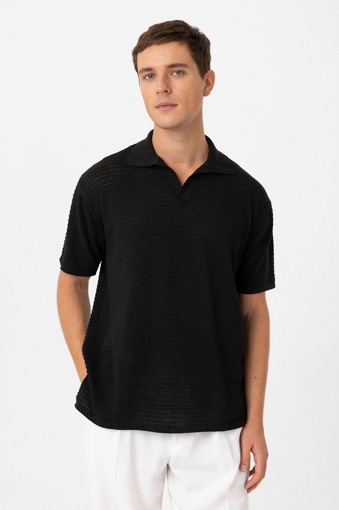 [A25Y3144-Siyah-M] Antioch Polo Collar Textured Men's Knitwear T-Shirt (black, M)