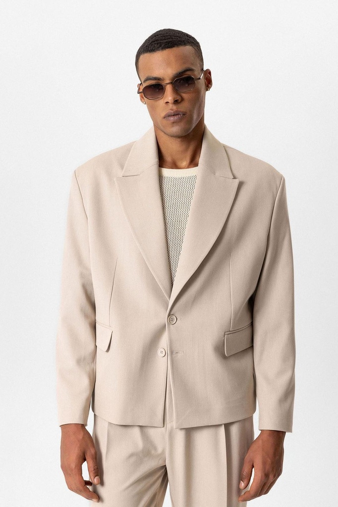 [A24Y4165-Bej-M] Antioch Cropped Fit Men's Blazer Jacket (M)