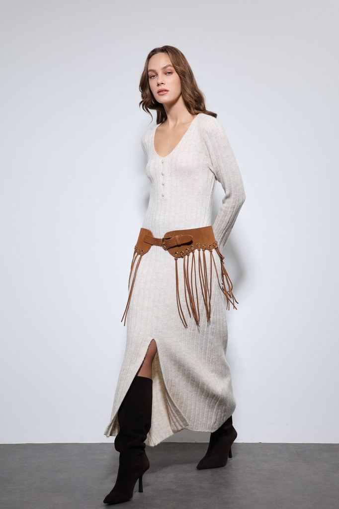 [BA25Y015-Ekru-S/M] Antioch разрез с деталями трикотаж платье (кремовый, S/M)