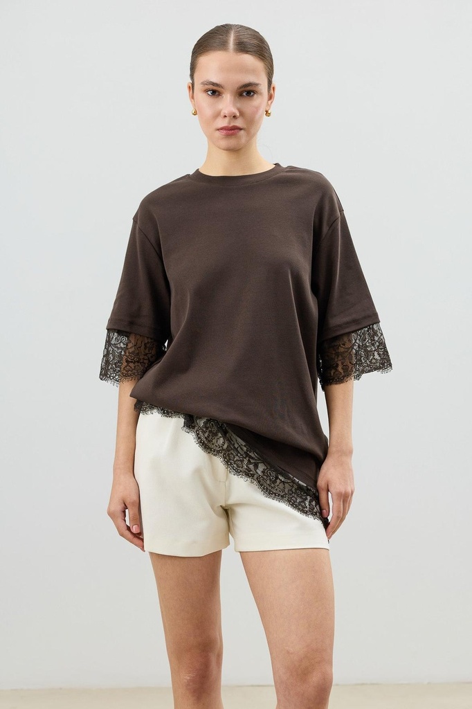 [BA26Y940-Kahve-M] Antioch Lace Detailed Women's T-Shirt (M)