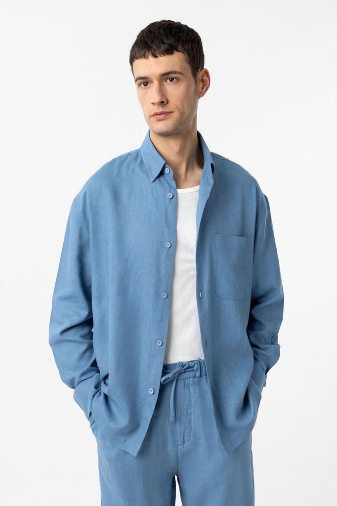 [A25Y10113-Bebe Mavi-M] Antioch Linen-Blend Relaxed Fit Men's Shirt (M)