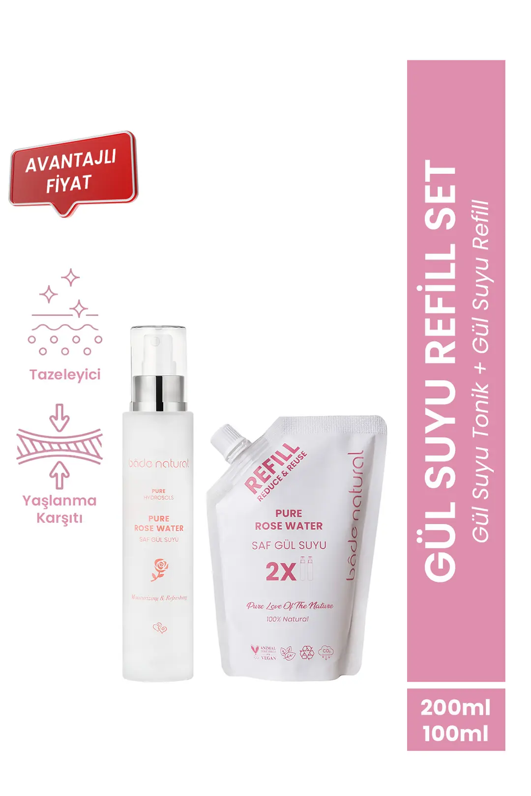 [BNS.0009] rose water pore-tightening and brightening toner & refill set %100 natural