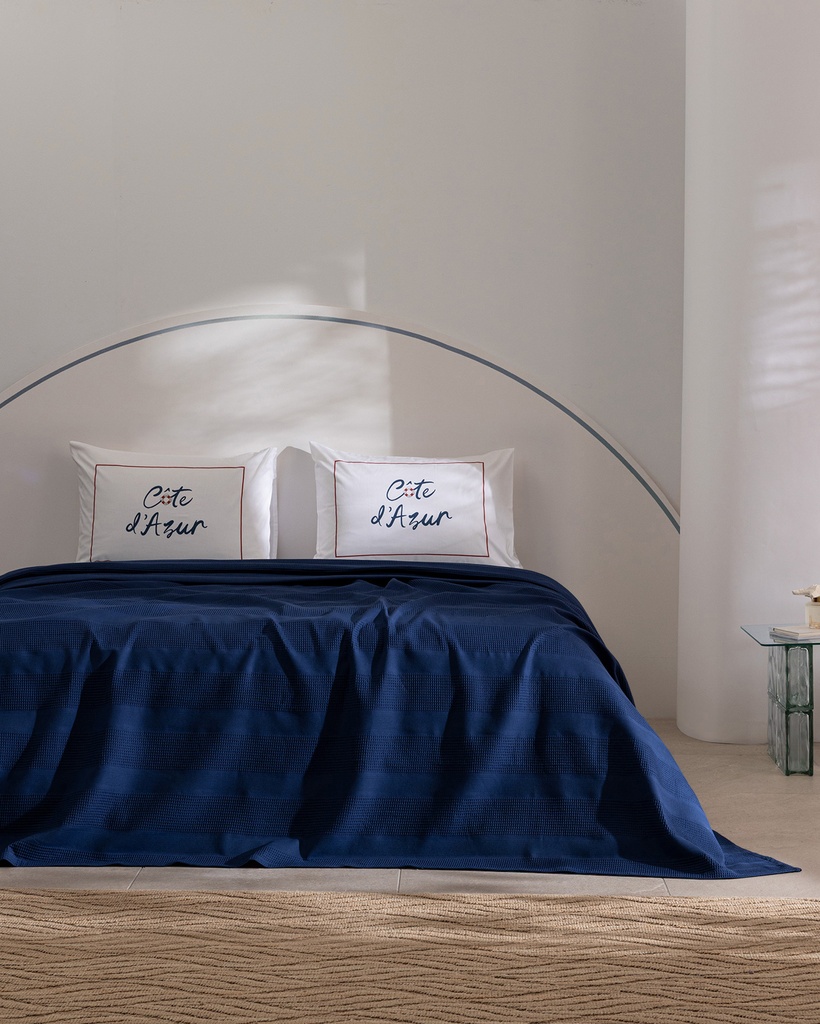 [8684427309063] Quilted Bedspread Set Mathilda, Double, 100% Cotton, Carded, Plain, with Fitted Sheet (navy)