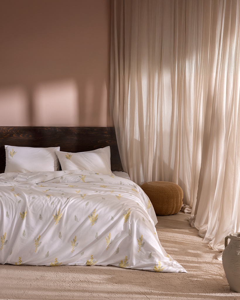 [8684427351888] Комплект постельного белья Yvette, King Size, 100% хлопок, ранфорс, с принтом, на резинке, с простынёй - жёлтый
