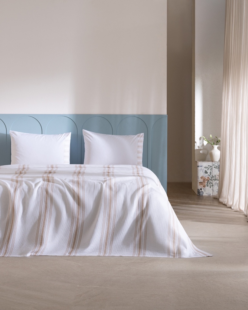 [8684427332962] Quilted Bedspread Set Jade, Double, 100% Cotton, Bordürlü, with Fitted Sheet (beige)