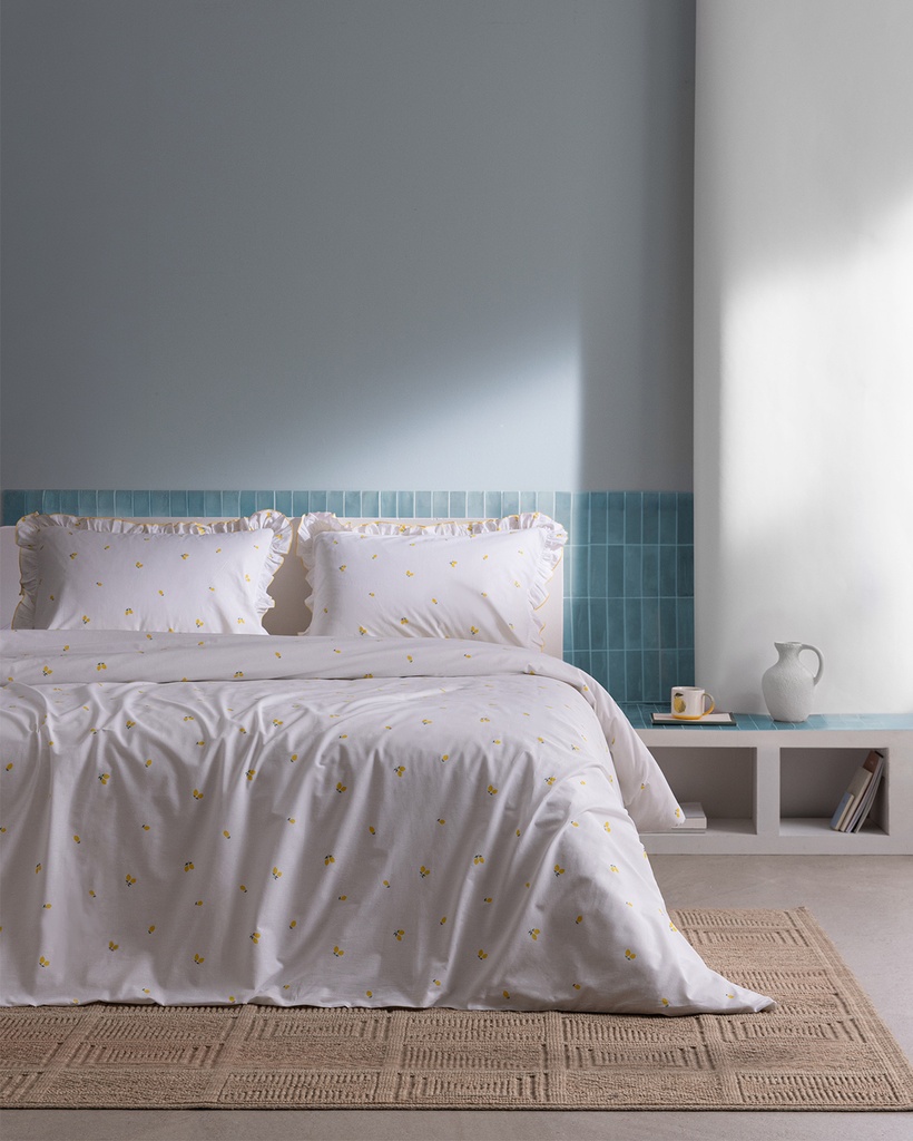 Duvet Cover Set Nelly, Double, 100% Cotton, Ruffled, Printed, with Fitted Sheet - Beyaz/Sarı