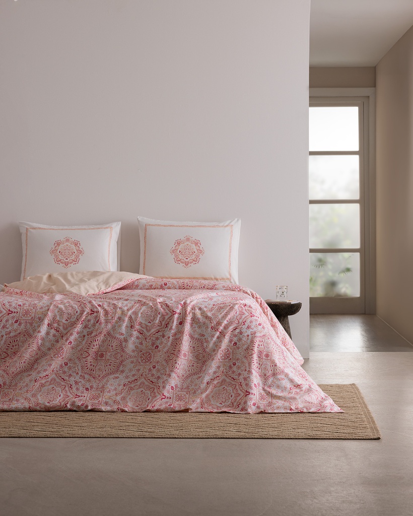 [8684427333969] Комплект постельного белья Alard, King Size, 100% хлопок, ранфорс, с принтом, с простынёй (коралловый)