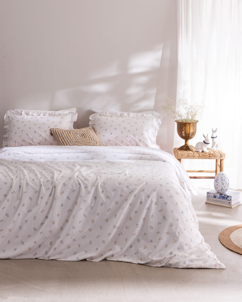 [8684427332092] Duvet Cover Set Veronique, Double, 100% Cotton, Ruffled, Printed, with Fitted Sheet - Beyaz/Pudra