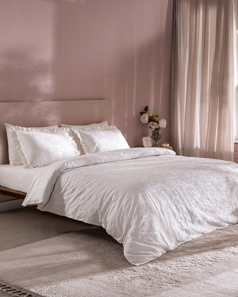 Duvet Cover Set Aulne, King Size, 100% Cotton, Brodeli, with Fitted Sheet - Beyaz