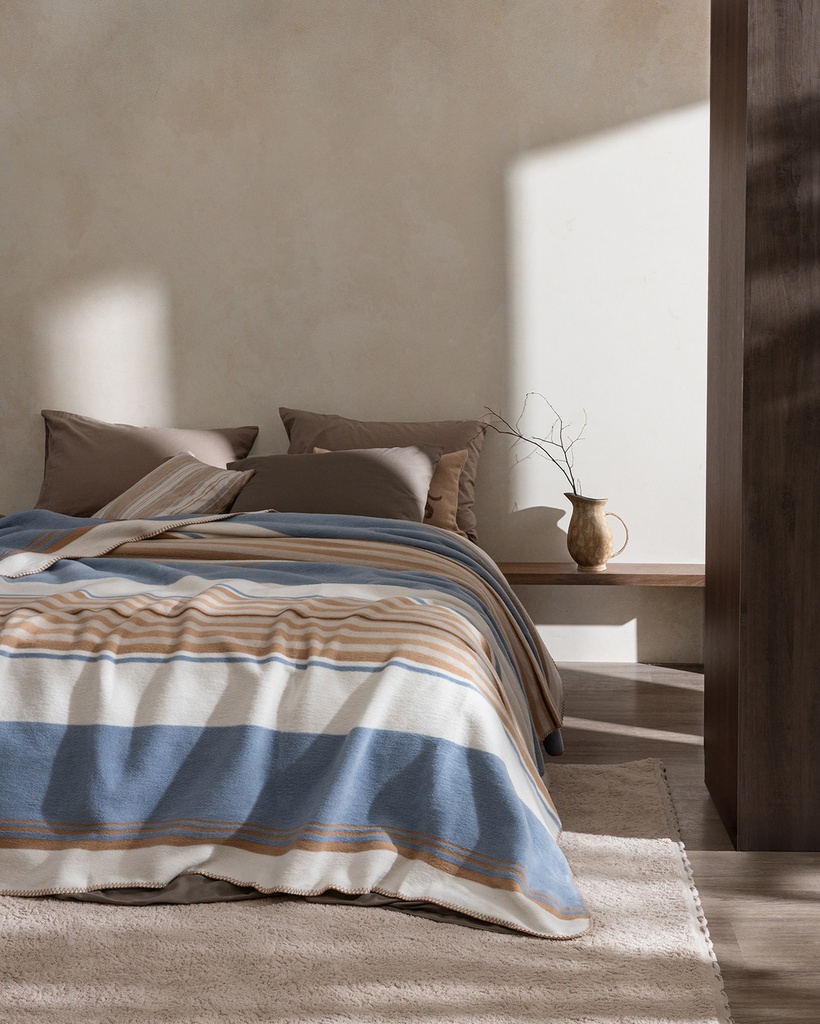 [8684427291368] Blanket Saulet, Double, Jacquard, Cotton - Açık Mavi/Bej