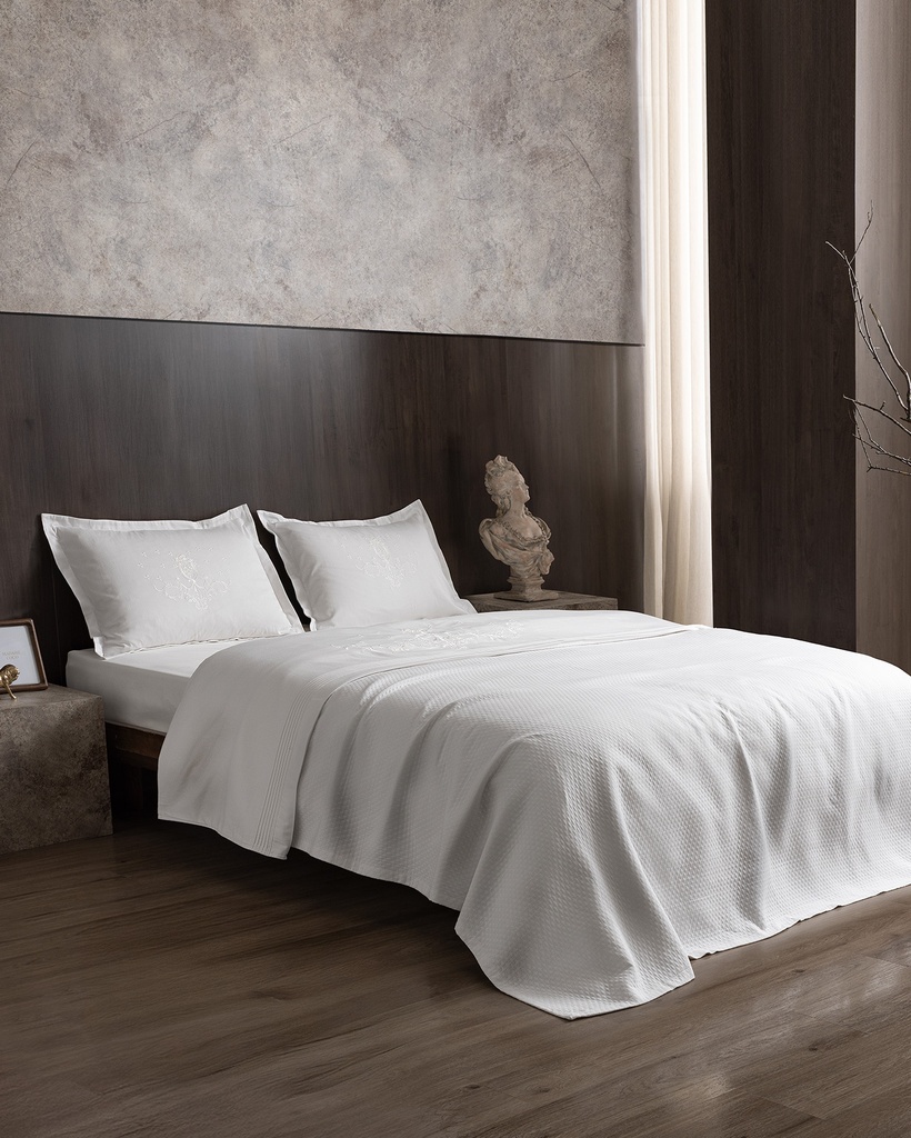 [8684427226131] Quilted Bedspread Set Elise, Double, 100% Cotton, Embroidered, with Fitted Sheet - Beyaz