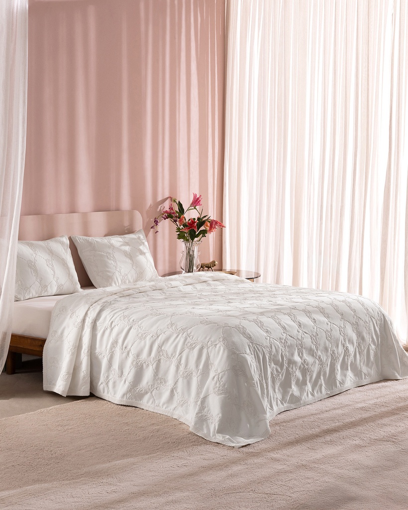 [8684427226049] Quilted Bedspread Set Fleuve, Double, Brodeli, with Fitted Sheet - Beyaz