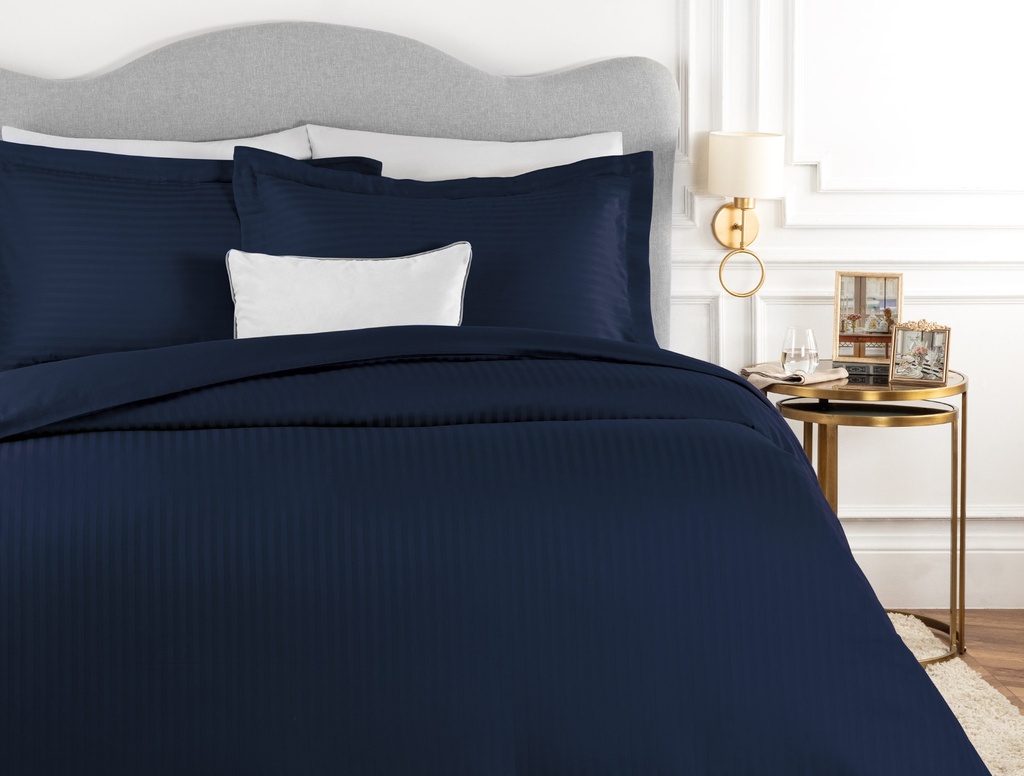 [8682116812979] Комплект постельного белья Elicia, King Size, в полоску, сатин, с простынёй (тёмно-синий (двуспальный))