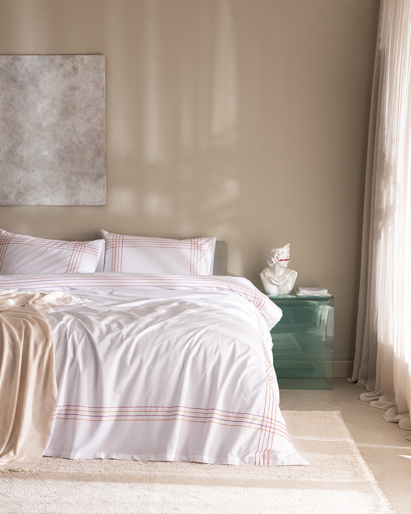 [8684427205211] Duvet Cover Set Holly, King Size, 100% Cotton, with Fitted Sheet (white/orange)